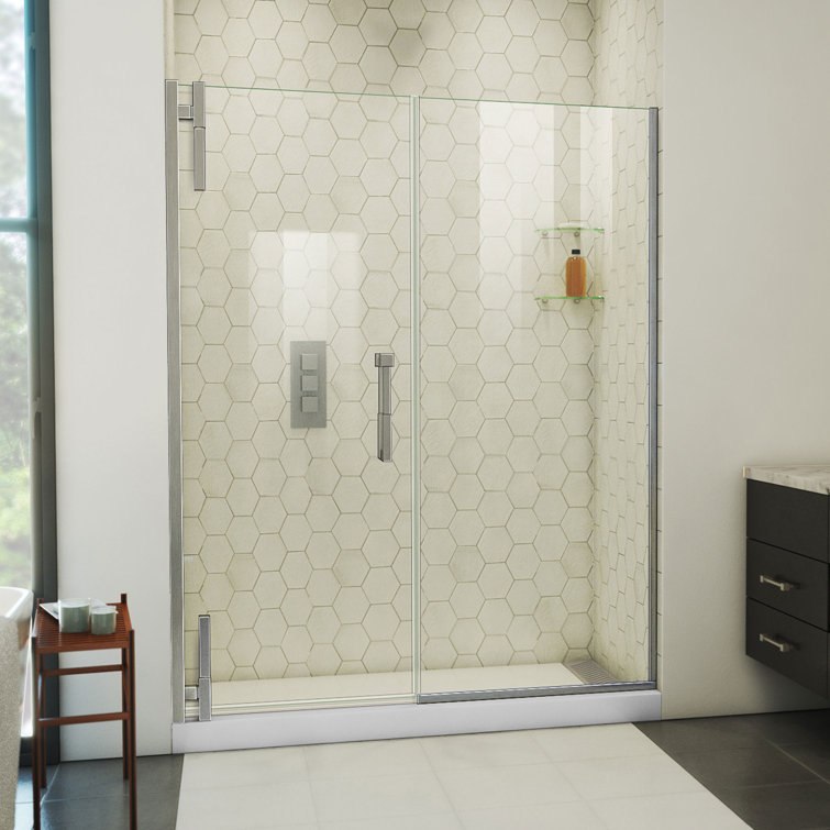 Ascend Frameless Clear Glass Pivot Shower Door with Black Hardware