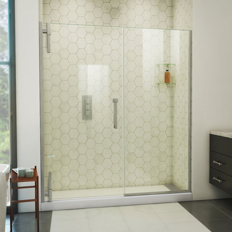 Ascend Frameless Clear Glass Pivot Shower Door with Black Hardware