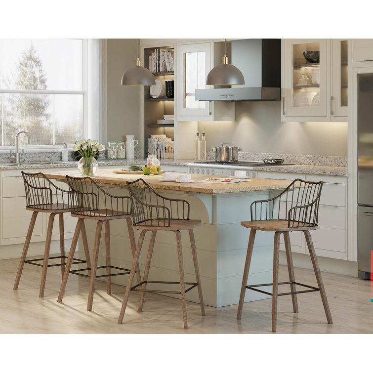 Beige Transitional Wood and Metal Swivel Counter Stool