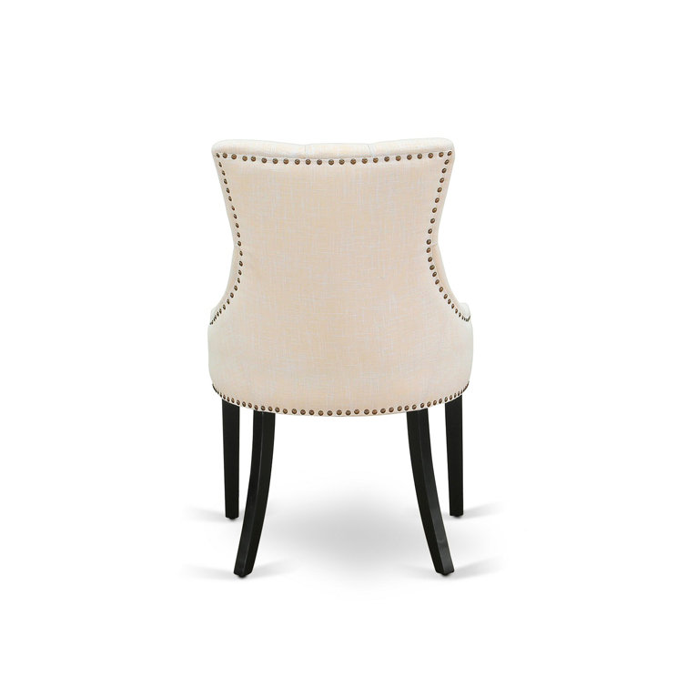 Distressed Jacobean Acacia Wood Dining Set with Light Beige Linen Chairs