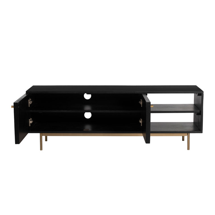 Black Solid Wood TV Stand with Natural Woven Cane Doors