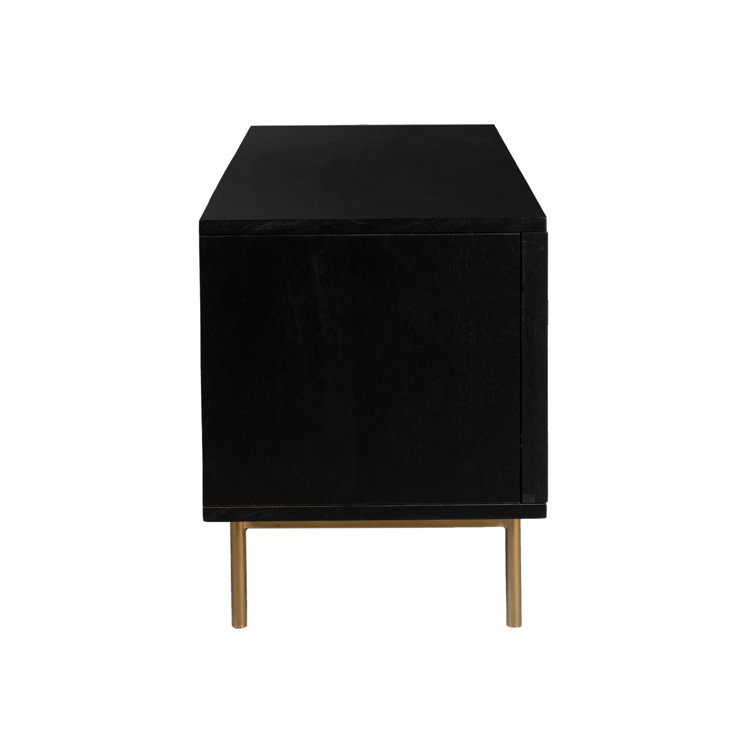 Black Solid Wood TV Stand with Natural Woven Cane Doors