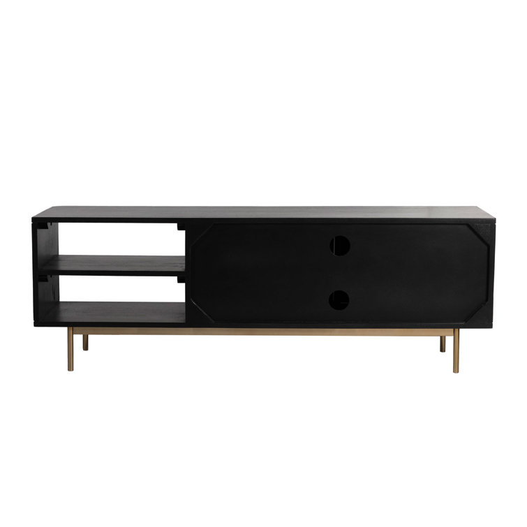 Black Solid Wood TV Stand with Natural Woven Cane Doors