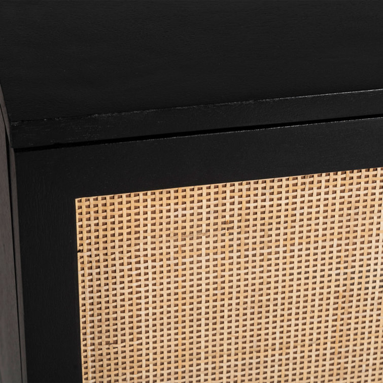 Black Solid Wood TV Stand with Natural Woven Cane Doors
