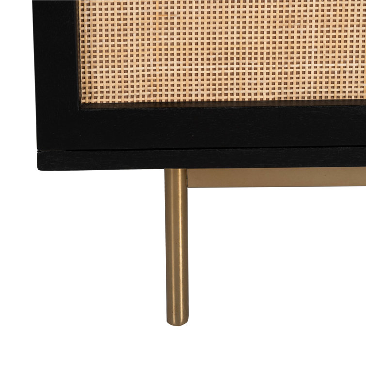 Black Solid Wood TV Stand with Natural Woven Cane Doors