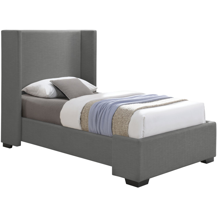 Gray Linen Twin Upholstered Wood Frame Bed with Tall Headboard