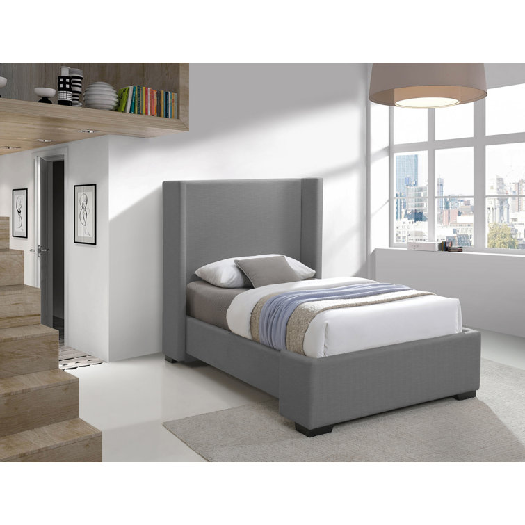 Gray Linen Twin Upholstered Wood Frame Bed with Tall Headboard