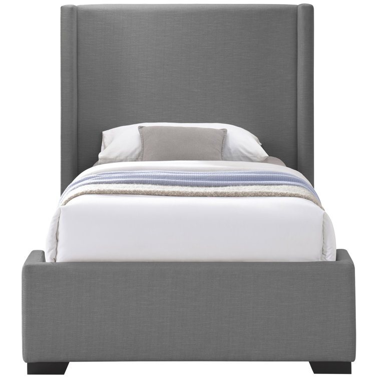 Gray Linen Twin Upholstered Wood Frame Bed with Tall Headboard