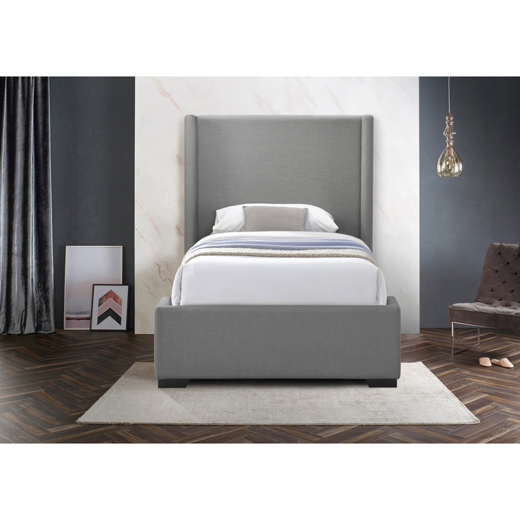 Gray Linen Twin Upholstered Wood Frame Bed with Tall Headboard