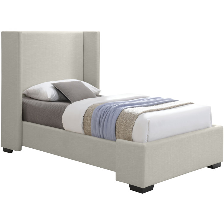 Beige Twin Linen Upholstered Wood Frame Bed with Headboard