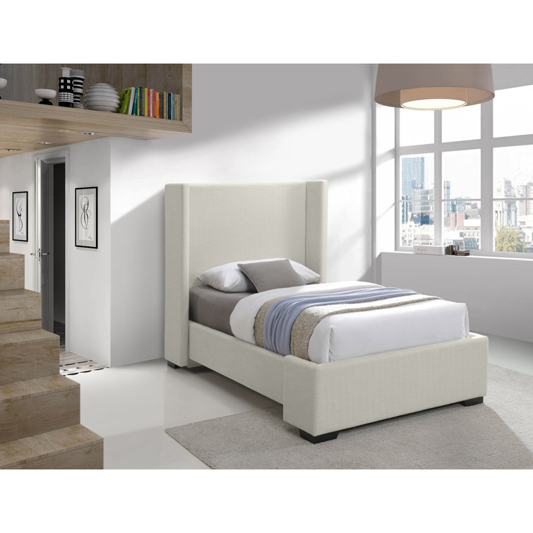 Beige Twin Linen Upholstered Wood Frame Bed with Headboard