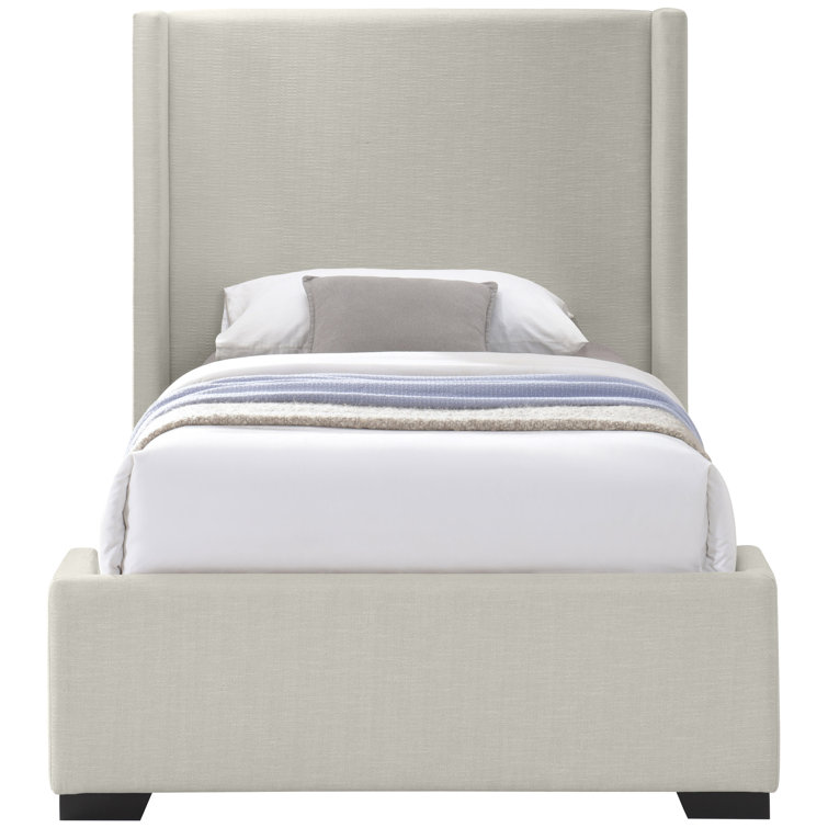 Beige Twin Linen Upholstered Wood Frame Bed with Headboard