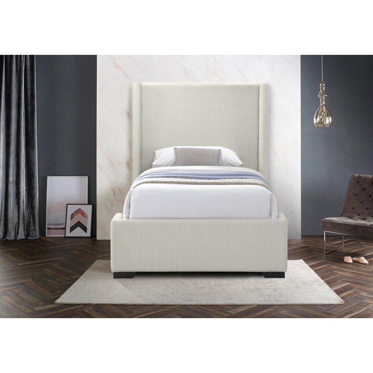 Beige Twin Linen Upholstered Wood Frame Bed with Headboard