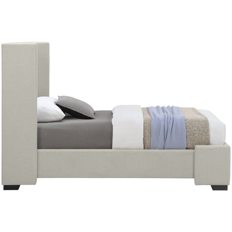 Beige Twin Linen Upholstered Wood Frame Bed with Headboard