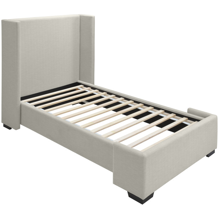 Beige Twin Linen Upholstered Wood Frame Bed with Headboard