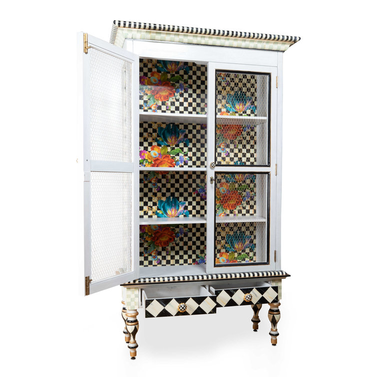 Hand-Painted Floral and Checkered Solid Wood Cabinet
