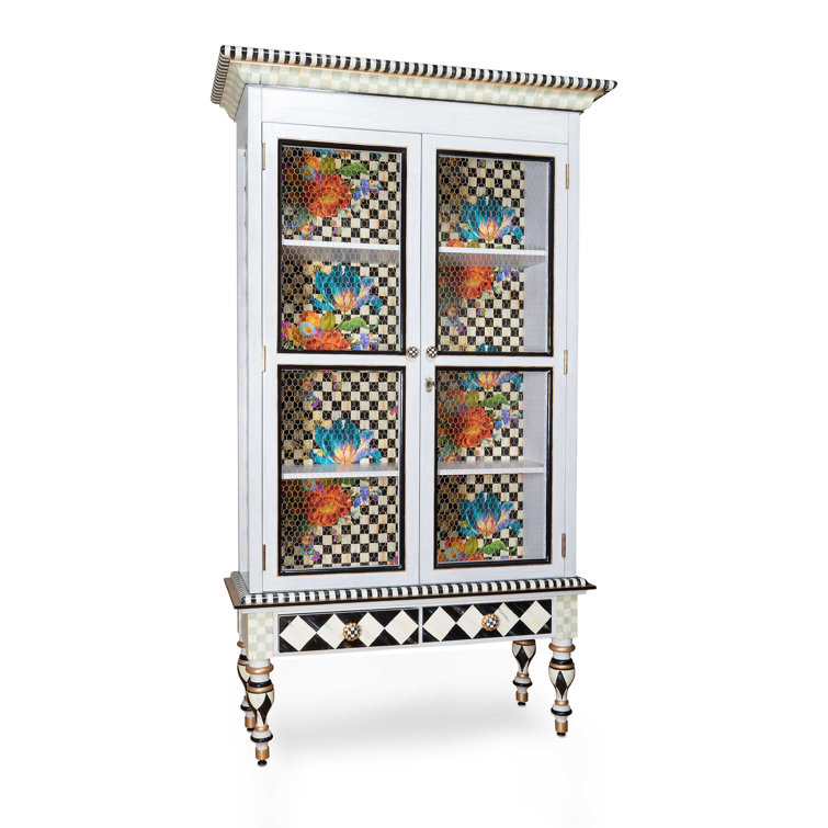 Hand-Painted Floral and Checkered Solid Wood Cabinet