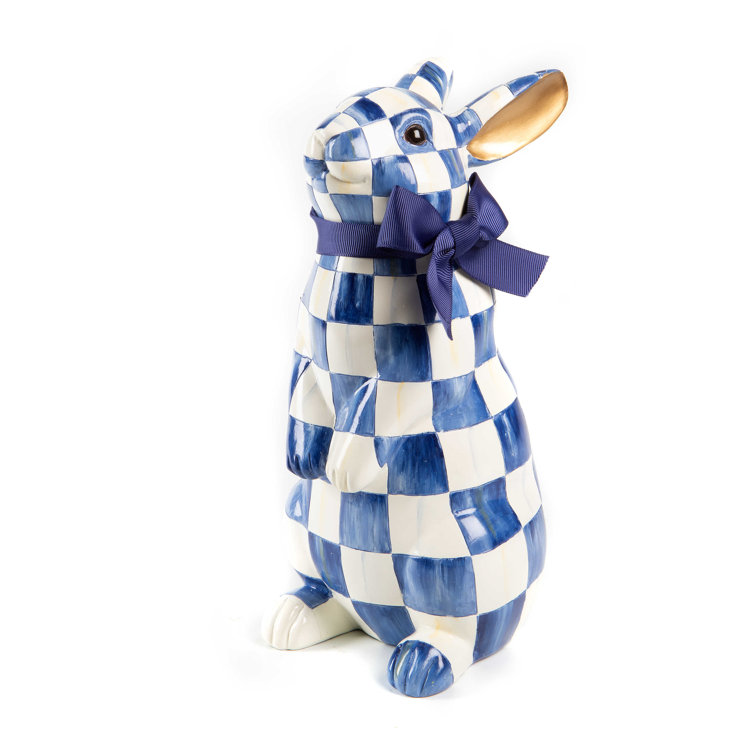Handmade Blue and White Resin Bunny Figurine with Golden Ears