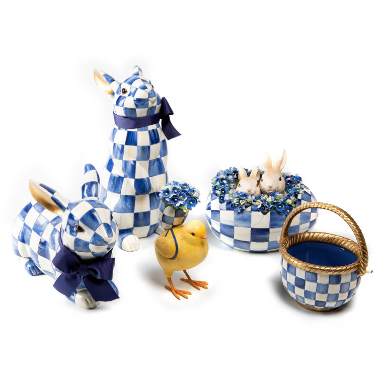 Handmade Blue and White Resin Bunny Figurine with Golden Ears