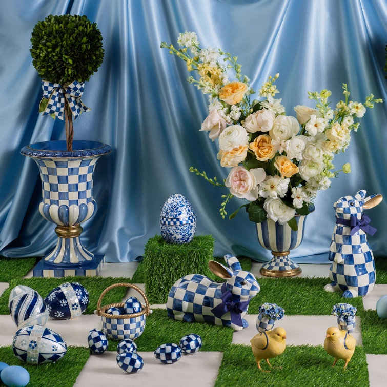 Handmade Blue and White Resin Bunny Figurine with Golden Ears