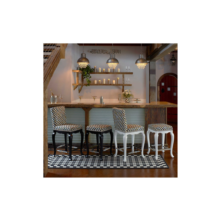 White Courtly Check Maple Wood Counter Stool with Brass Footrest