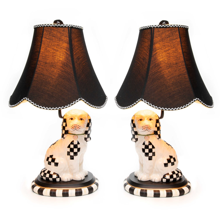 Black and White Ceramic Dog Table Lamp Set with Bell Shades