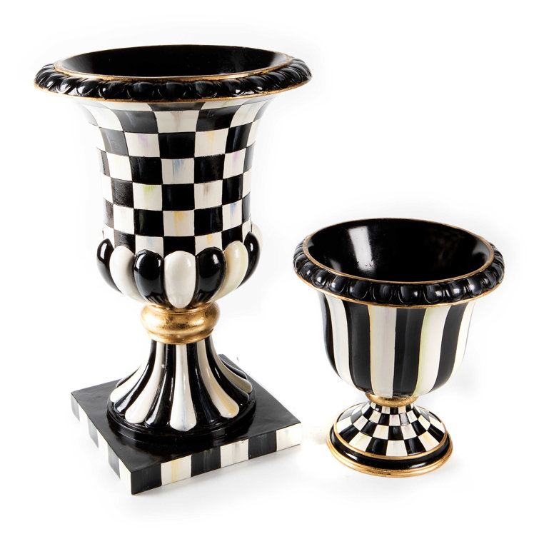 Black and White Striped Painted Urn with Golden Embellishments