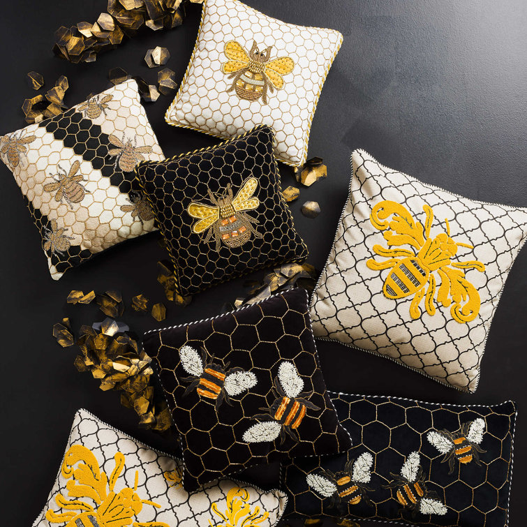 Kids' Square Velvet Pillow with Beaded Bee Design