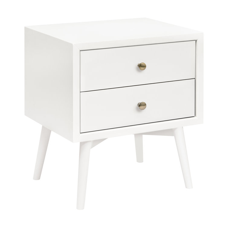 Warm White Mid-Century Modern 2-Drawer Nightstand with USB Port