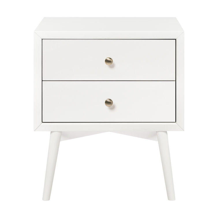 Warm White Mid-Century Modern 2-Drawer Nightstand with USB Port