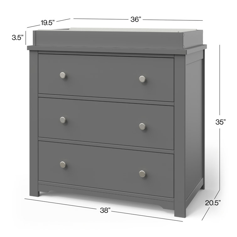 Cool Gray Pine Wood 3-Drawer Dresser with Changing Table Topper