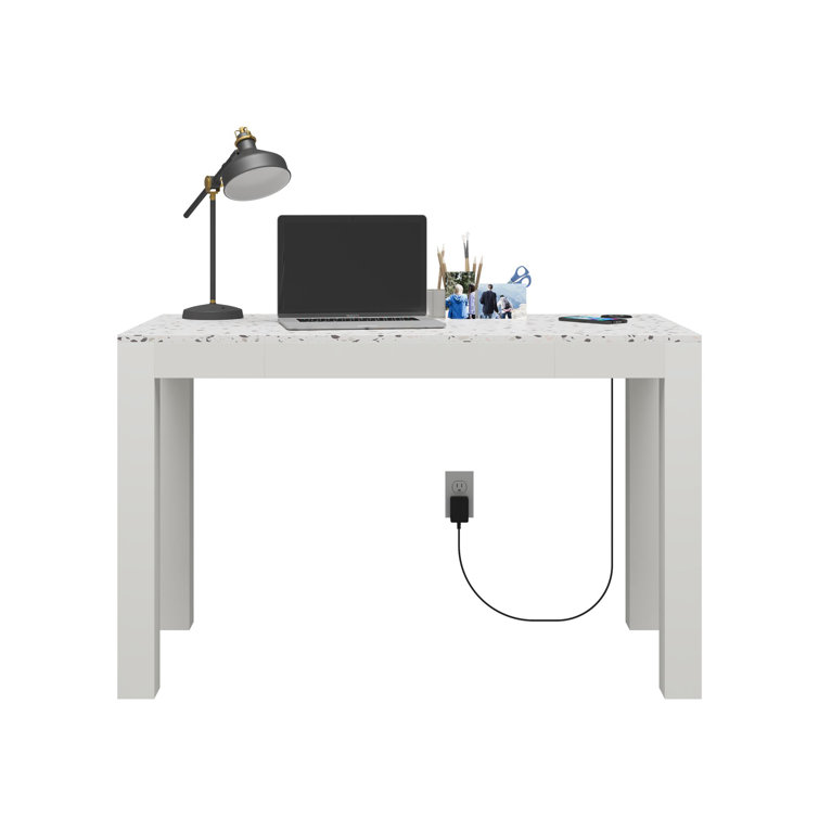 Contemporary White Wood Desk with Wireless Charger and Drawer