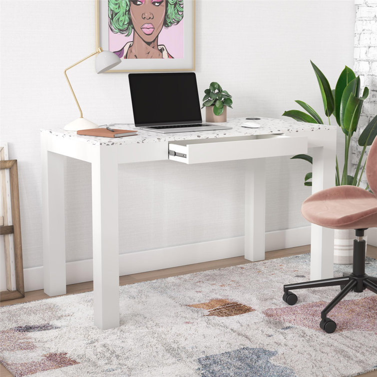 Contemporary White Wood Desk with Wireless Charger and Drawer