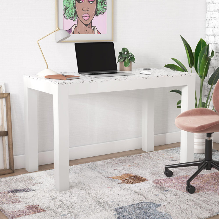 Contemporary White Wood Desk with Wireless Charger and Drawer