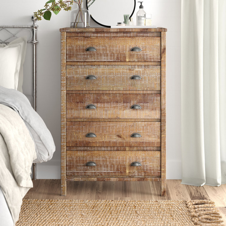 Baja 51'' Barnwood Distressed Solid Pine Wood 5-Drawer Chest