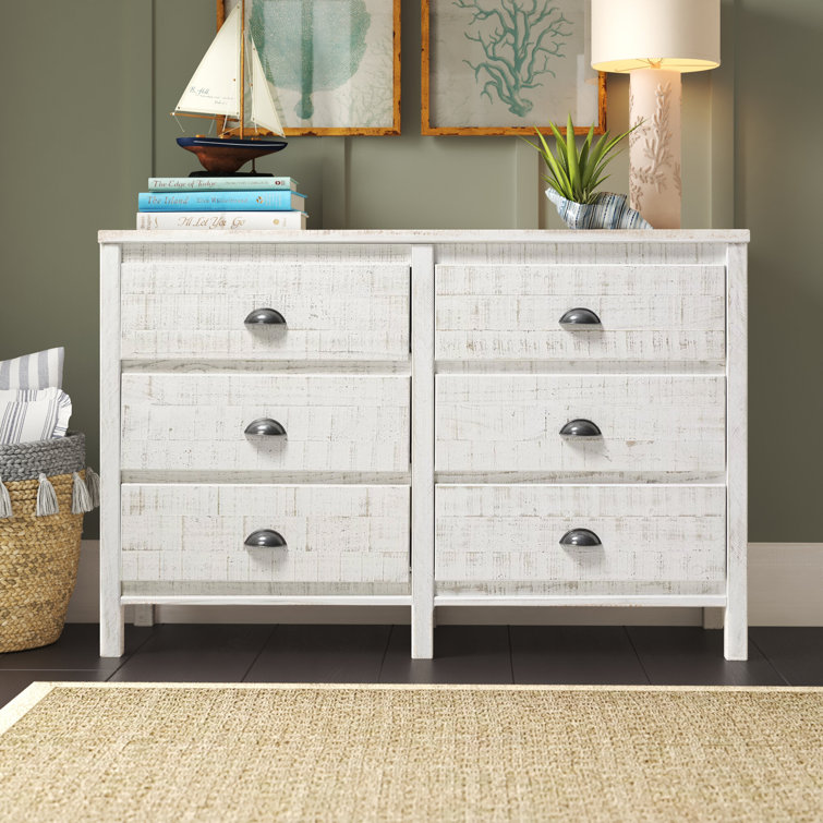 Farmhouse Baja Double 6-Drawer Dresser in Shabby White with Felt-Lined Drawers