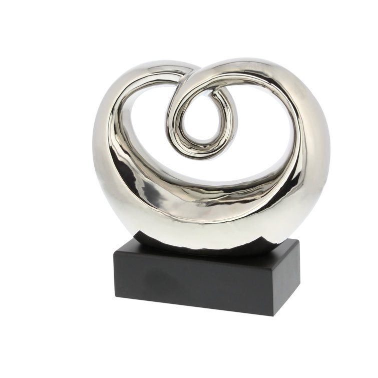 Elegant Silver Swirl 13" Ceramic Abstract Statue with Black Base