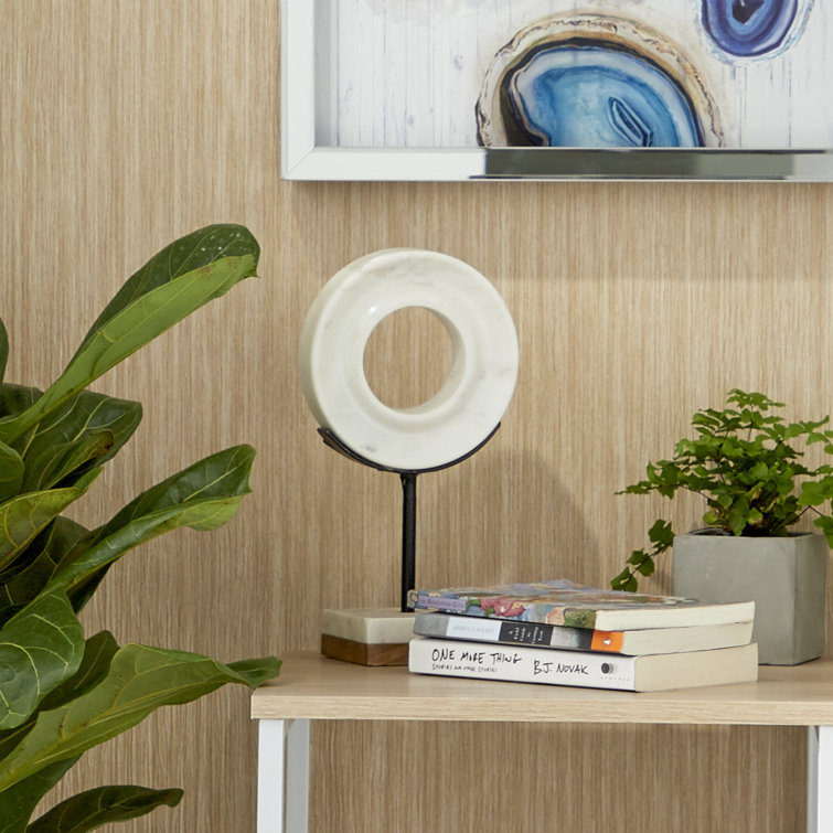 White Marble Ring Sculpture with Wood Base