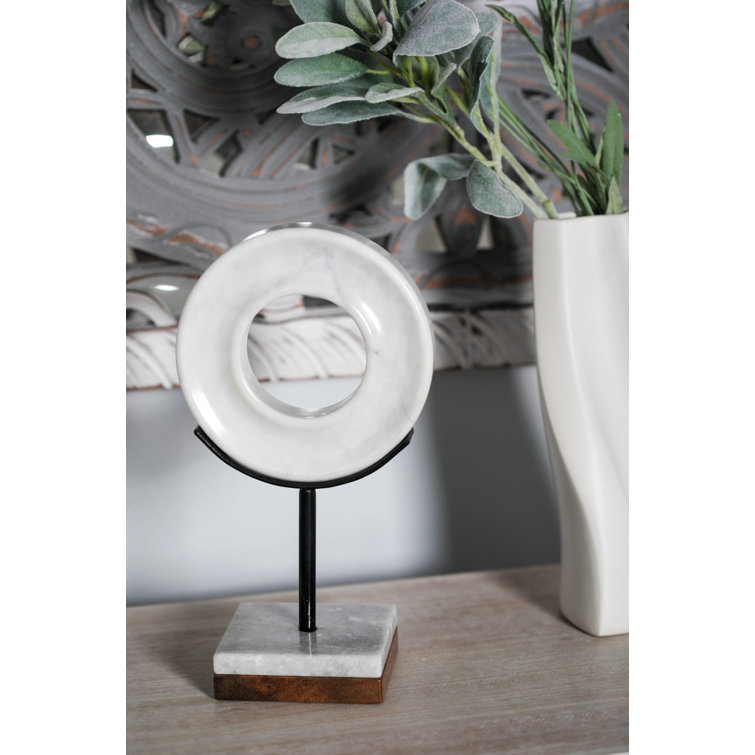 White Marble Ring Sculpture with Wood Base