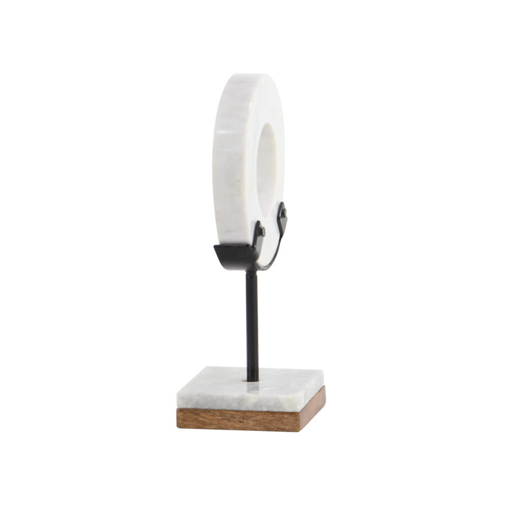 White Marble Ring Sculpture with Wood Base