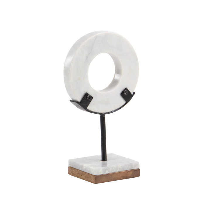 White Marble Ring Sculpture with Wood Base