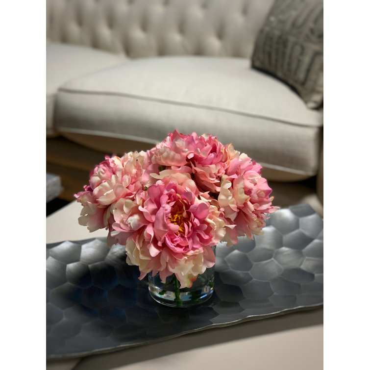 Pink Artificial Peony Floral Arrangement in Glass Vase