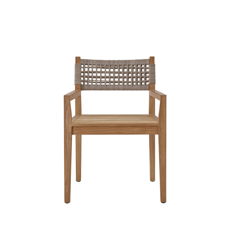 Teak Outdoor Dining Chair with White Cushions and Wicker Back