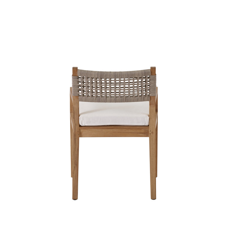 Teak Outdoor Dining Chair with White Cushions and Wicker Back