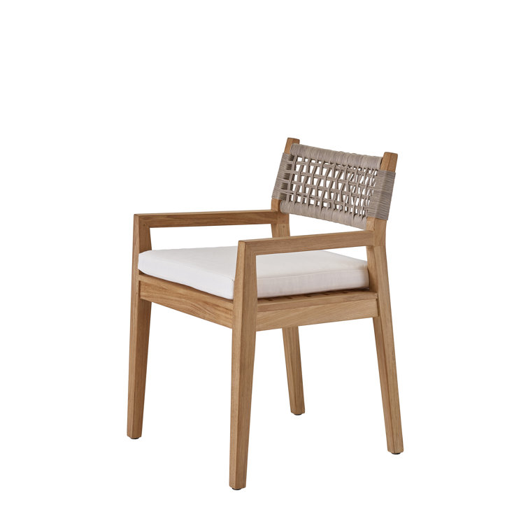Teak Outdoor Dining Chair with White Cushions and Wicker Back