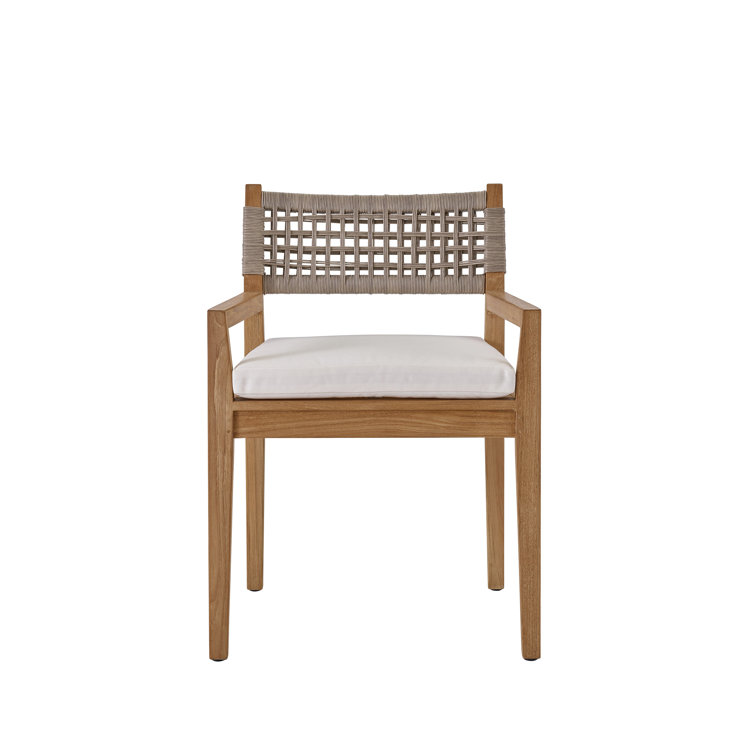 Teak Outdoor Dining Chair with White Cushions and Wicker Back