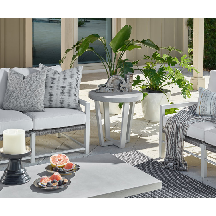 Gray Stone and White Metal Round Outdoor Side Table