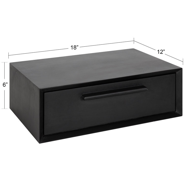 Geoffry Black Mango Wood Floating Wall Shelf with Drawer