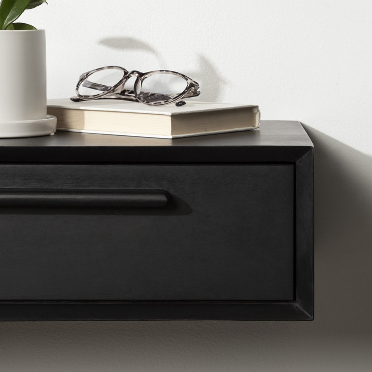 Geoffry Black Mango Wood Floating Wall Shelf with Drawer