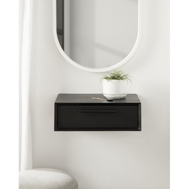 Geoffry Black Mango Wood Floating Wall Shelf with Drawer